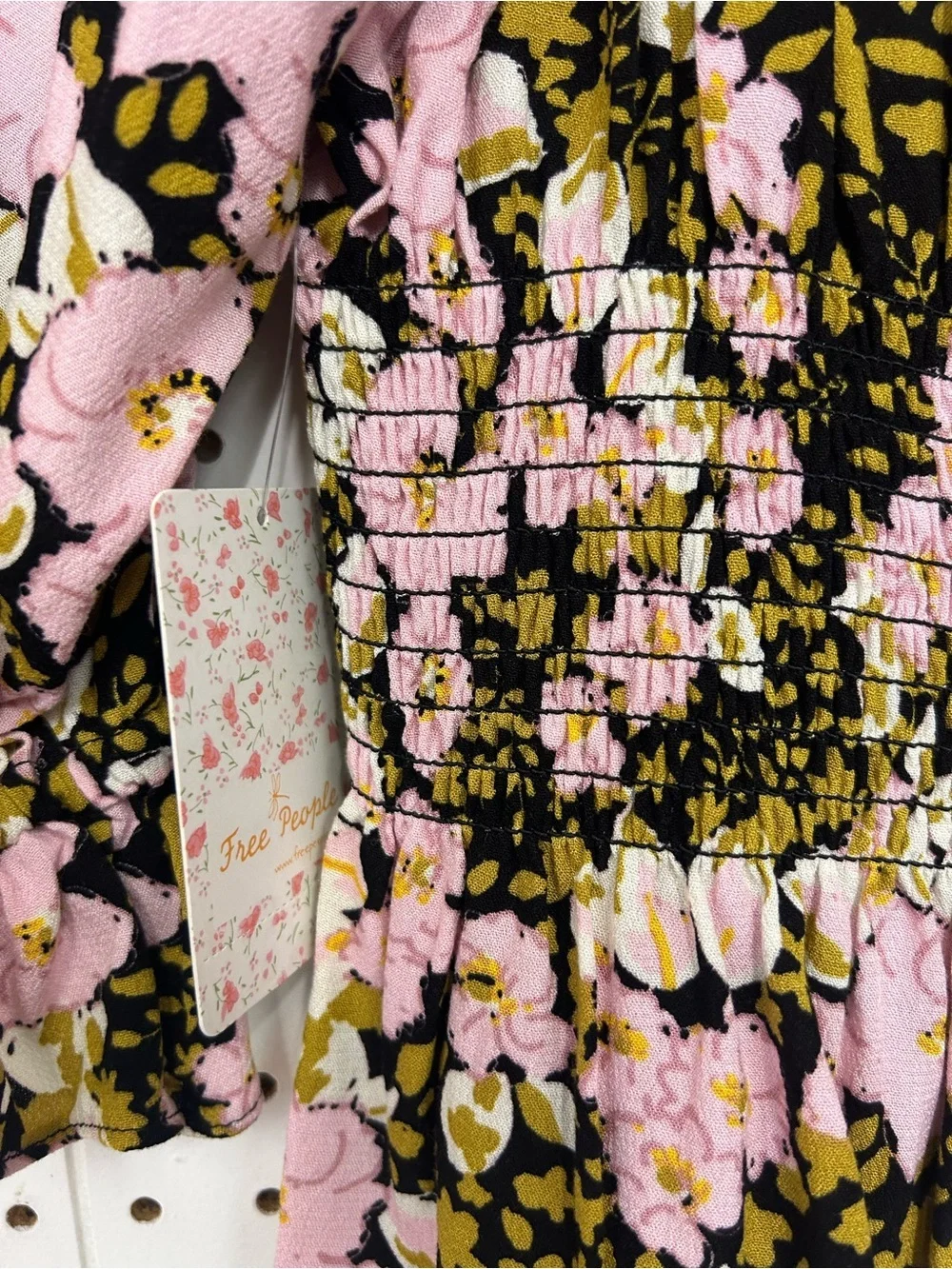 Free People Sweet Memories Pink and Black Floral Tie-Front Puff Sleeve